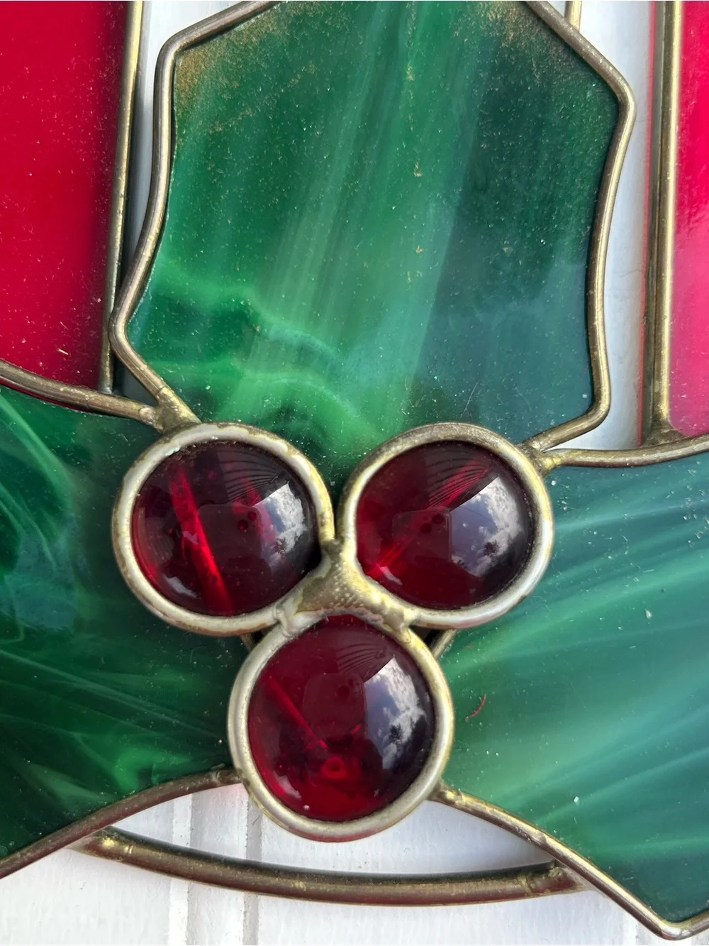 Vintage Stained Glass Candle Wreath Holly Red Green White Christmas Hang 9 Inch
